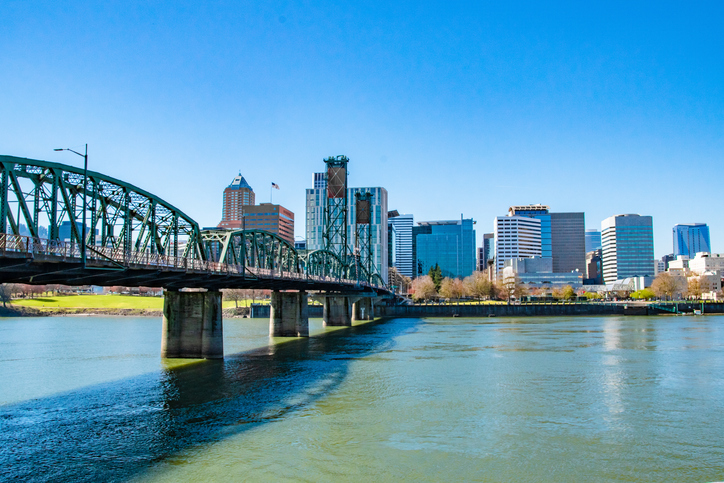 Hawthorne Bridge and Portland, OR City Skyline Along Willamette River